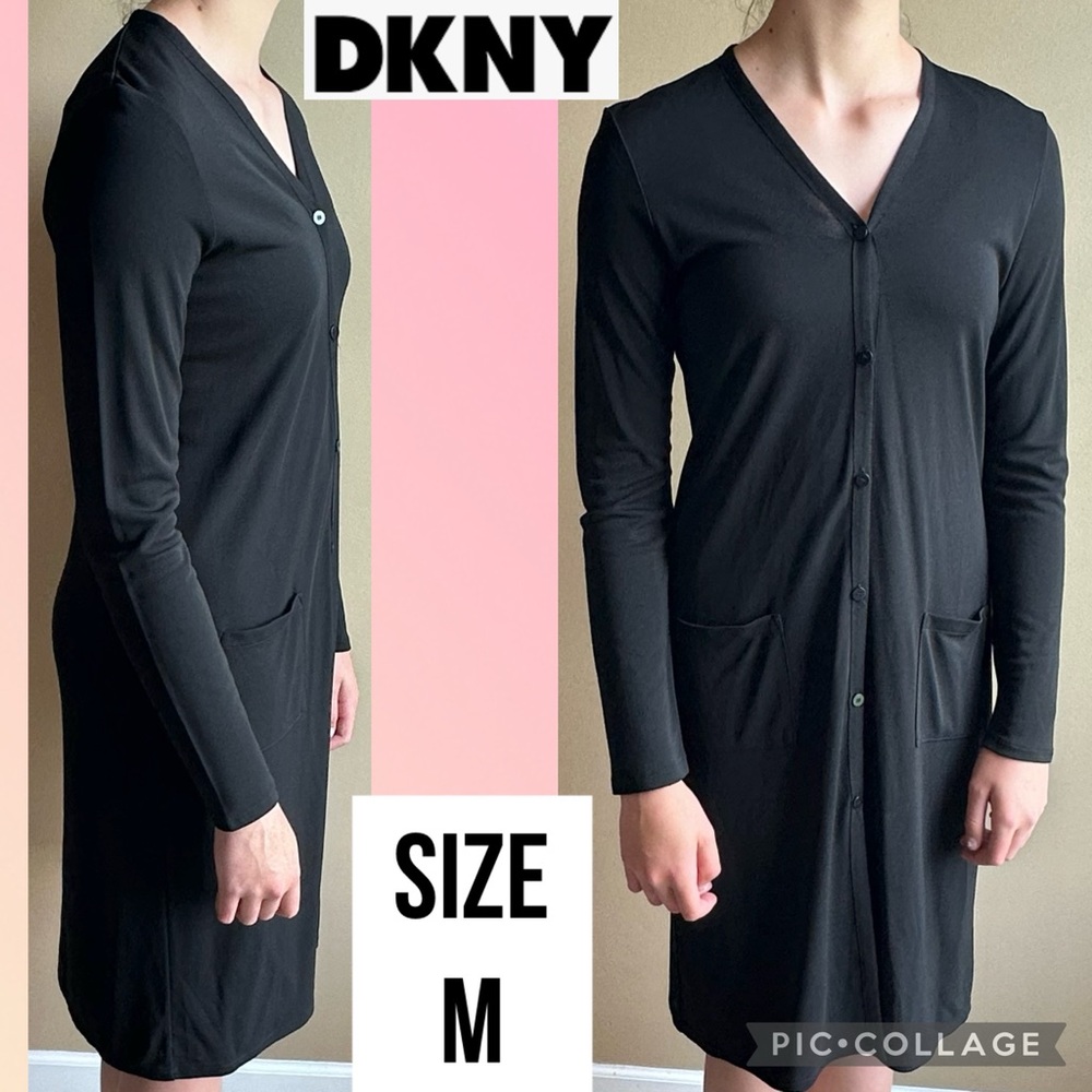 DKNY Womens Duster Cardigan Dress Sweater Knit Rayon Black Button V-neck Size M